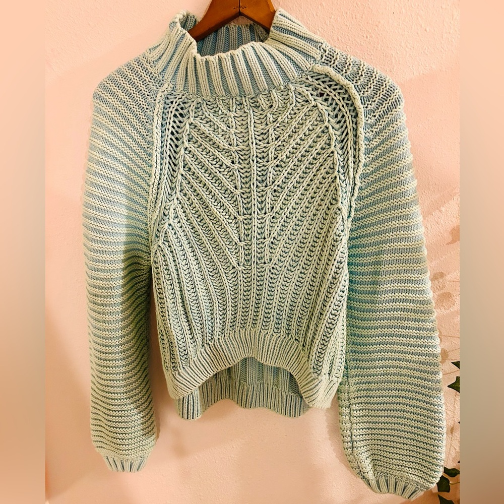 Free People Ice Blue Cable Knit Turtleneck Sweater